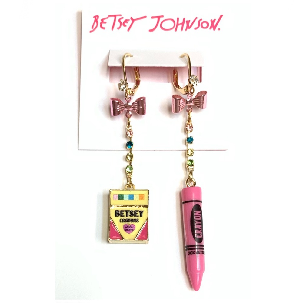 NWT Betsey Johnson💋BACK TO SCHOOL CRAYON Gold Tone Glass Stones Drop Earrings